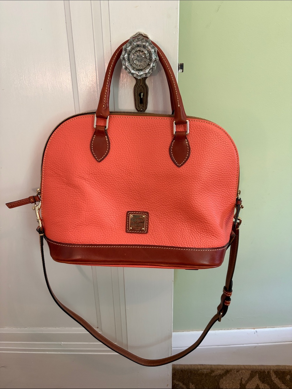 Dooney & Bourke Coral and Brown Pebbled Leather Satchel
